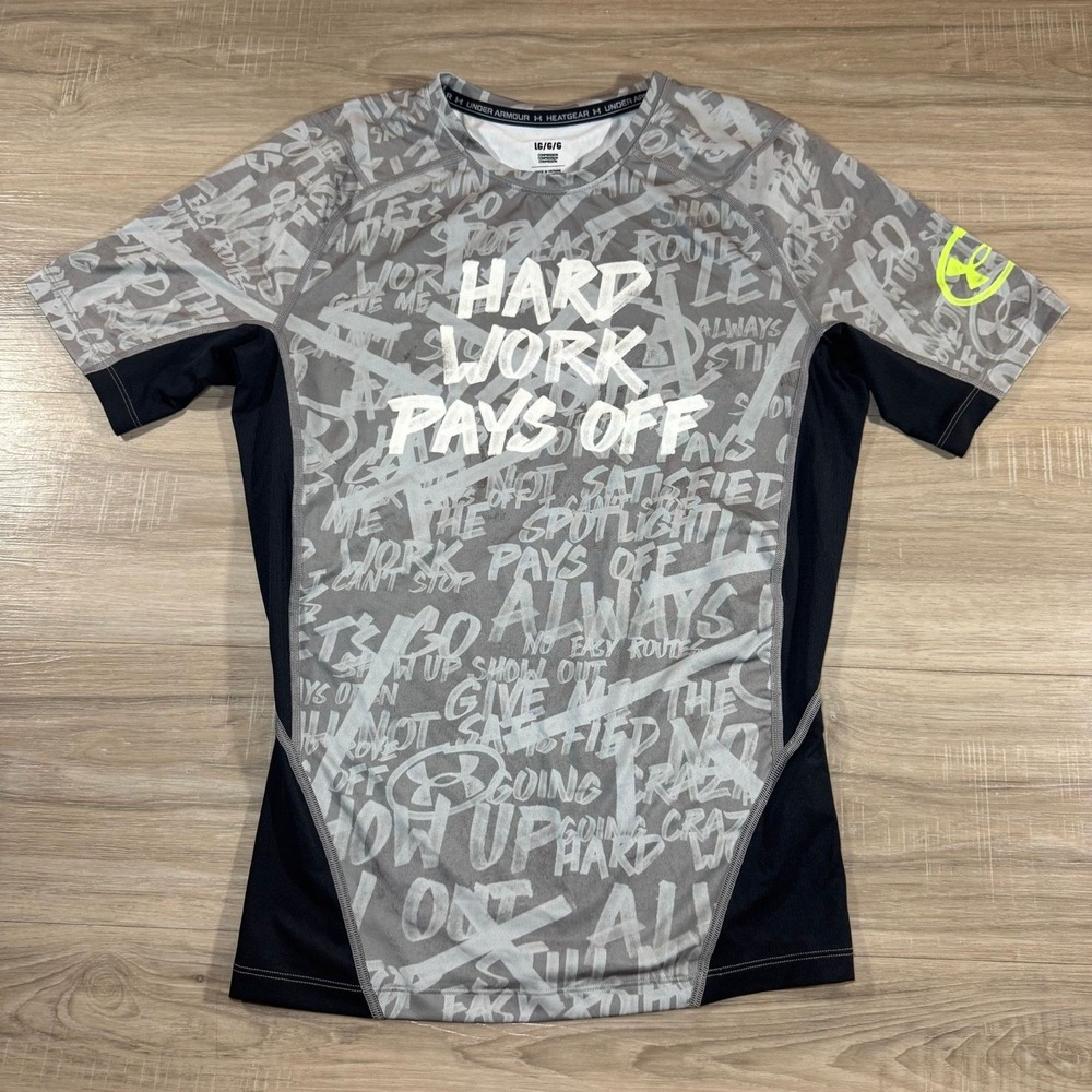 Under Armour "Hard‎ Work Pays Off'' Men's L  Heat Gear Compression Shirt Print